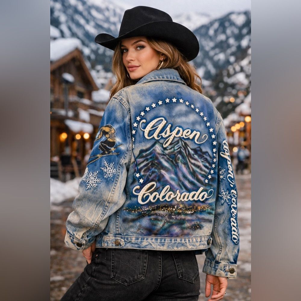 Vintage Tony Alamo Aspen Colorado Airbrushed Denim Jacket Ski Snowflake Western